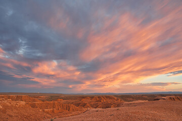 Fototapeta na wymiar The Golden hour of Desert, Flaming cliff, Mongolia at Sunset