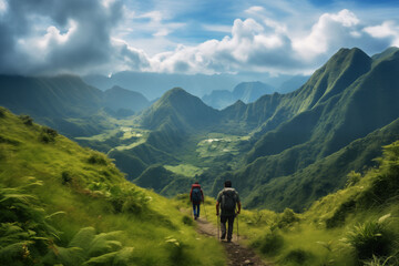 Fototapeta na wymiar A true-to-life depiction of an adventurous hike through lush green mountains, with hikers trekking along winding trails