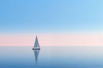 Gordijnen A simple yet striking image of a lone sailboat gliding across a calm sea against a minimalist horizon © The Origin 33