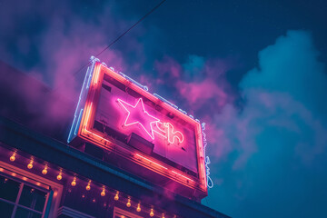 A vibrant neon sign glowing against a night sky, reminiscent of retro signage found in bustling...