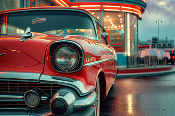 A vintage car parked in front of a retro diner, evoking nostalgia for the 1950s era