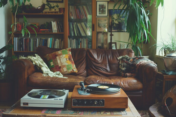 A vintage record player spinning vinyl records in a cozy living room adorned with retro decor