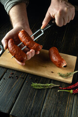Preparing to cook a delicious grill with Czech sausages. A fork with sausages in the hands of a...