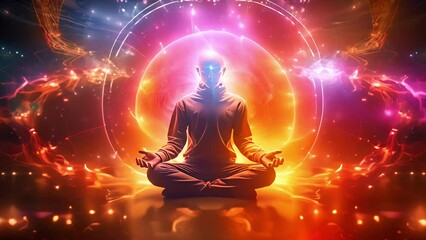 A male figure meditates surrounded by a vivid display of fiery energy sparkling elements and cosmic patterns. Body soul mind harmony concept