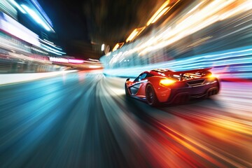 Wheeling machines blur past on a meticulously detailed racetrack, showcasing the dynamic speed and intensity of a high-octane car race. The vibrant color palette fuels the excitement