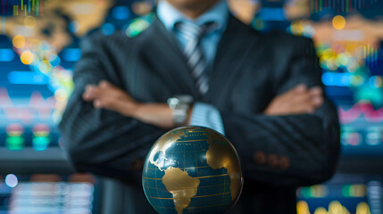 A businessman and a globe while analyzing investment opportunities, investment diversification strategies, portfolio management and asset allocation