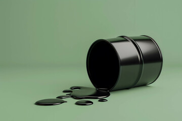 Black barrel lying on the floor with oil pouring out on green background, volume of oil production in the world market, demand and supply on oil