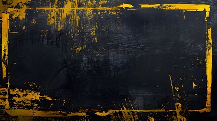 Expressive yellow brushstrokes delineating grunge border on isolated black backdrop, abstract diagonal police lines in yellow on rugged black background