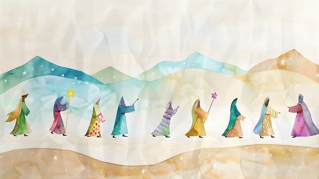 Vibrant Watercolor Painting of Wise Men Following the Star on Epiphany Journey, Watercolor Biblical Illustration ,copy space , minimalist