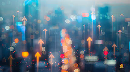 A blurred city skyline with arrows pointing towards different investment opportunities