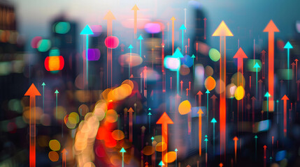A blurred city skyline with arrows pointing towards different investment opportunities