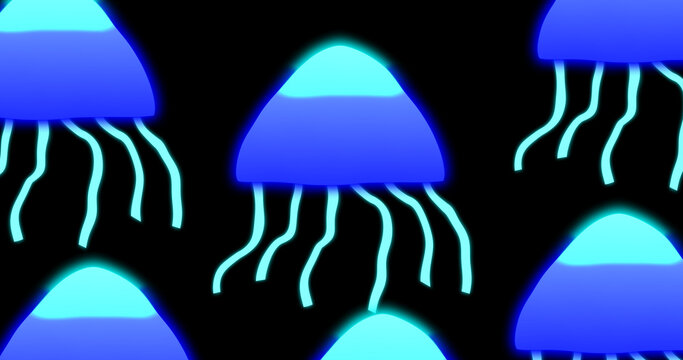 Floating upwards neon colorful jellyfish in an alpha channel. Seamless animated neon colorful jellyfish in an alpha channel. Jellyfish background to easy to use in any video.