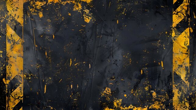 Dramatic yellow paint strokes shaping grunge border on dark canvas, abstract diagonal police lines in yellow on rugged black background