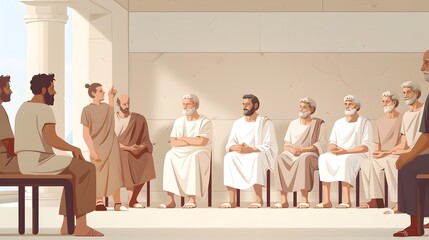 Apostle Paul Mentoring Ephesian Elders in Minimalist Religious Leadership Training, Watercolor Biblical Illustration ,copy space , minimalist