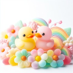 a cute couple Duckling with flowers made of pastel color rainbow gummy candy on a white background
