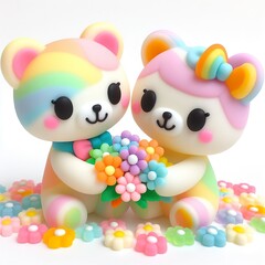 a cute couple bear with flowers made of pastel color rainbow gummy candy on a white background
