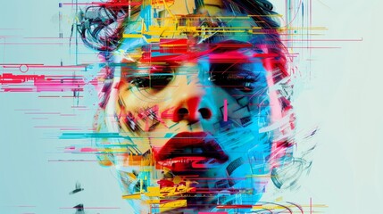 Abstract digital portrait, with facial features disrupted by glitch effects, vibrant and disorienting, in a contemporary art gallery