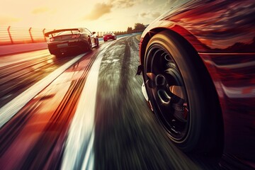A heart-pounding high-speed race on a vibrant racetrack. Blurred motion captures the exhilarating speed of a sleek supercar, its chrome gleaming under floodlights - obrazy, fototapety, plakaty