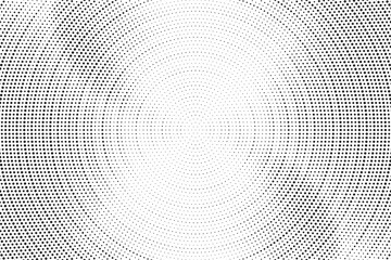 Radial halftone dots. Spotted and dotted stains gradient background. Concentric comic texture with fading effect. Black and white rough gritty wallpaper. Grunge monochrome geometric backdrop.  - obrazy, fototapety, plakaty