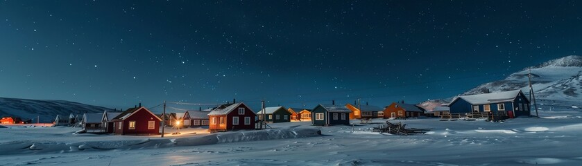 Arctic fishing village, with traditional igloos and modern huts, stark and rugged against a polar night sky , Bright and Airy