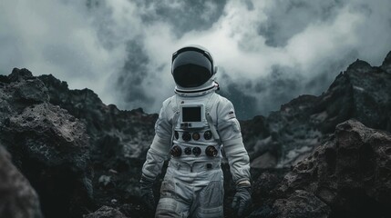 Astronaut in vintage space suit, retrofuturistic style, exploring a rocky alien landscape, nostalgic and adventurous , Dark and Moody