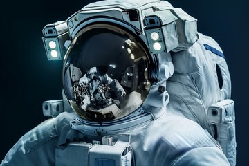 Close-up of an astronaut in a space suit with reflective helmet visor against a dark background.