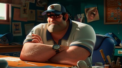 Baseball manager, cartoon muscle man, commanding presence, in the dugout with a strategic and intense environment , Animal Photography