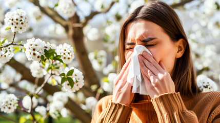 woman blowing her nose due to spring allergies - pollen allergy concept