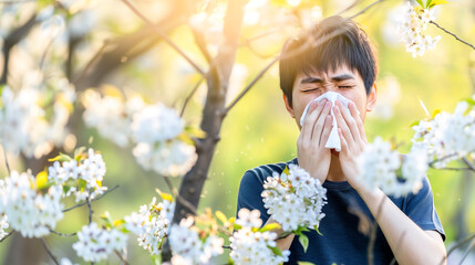 man blowing his nose due to spring allergies - pollen allergy concept - obrazy, fototapety, plakaty