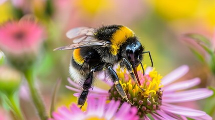 Bee collecting pollen, detailed view of the fuzzy body and delicate wings, busy and industrious in a blooming flower field