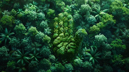 Fotobehang A vibrant stylized illustration of a giant green fingerprint hovering over a lush © JR-50