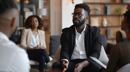 a black man with glasses woman , discussing leadership and collaboration strategies to drive success
