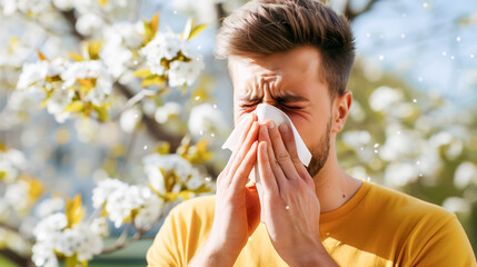 man blowing his nose due to spring allergies - pollen allergy concept - obrazy, fototapety, plakaty