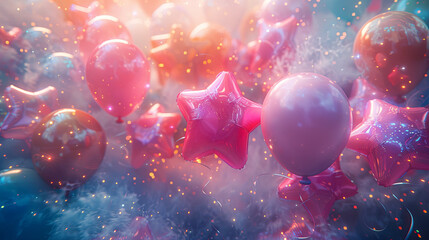 Artistic rendering of a lively party scene with star-shaped balloons in various pastel colors...