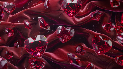 An immersive 3D rendering of a collection of heart-shaped red rubies floating in space with each gemstone turning slowly to display its unique beauty