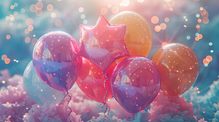 Artistic rendering of a lively party scene with star-shaped balloons in various pastel colors...