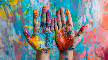 Bright colorful photograph of hands covered in paint - obrazy, fototapety, plakaty