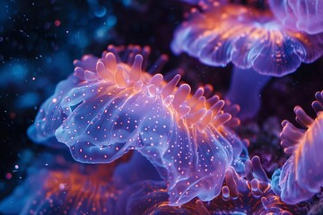 Bioluminescent creatures glowing in the dark waters, amidst the intricate structures of a coral reef, ethereal and mesmerizing