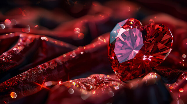 A high-resolution photograph of a heart-shaped red ruby set against a luxurious velvet background