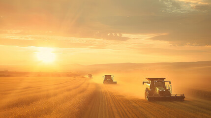 Fototapeta premium Dynamic angle of a fleet of tractors and combines working in unison to harvest a vast cornfield under the setting sun dust clouds billowing