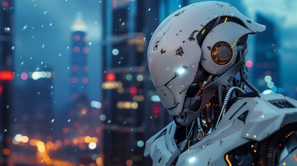 Fototapeta premium A white humanoid robot with glowing eyes and metallic armor, standing in front of the city skyline at night. The scene is illuminated by soft blue lights from buildings and streetlights, creating an a