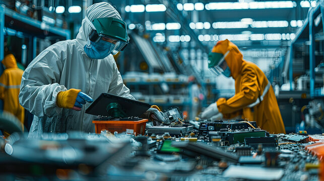 Dynamic photo of an e-waste recycling facility showcasing the process of sorting and dismantling electronic devices