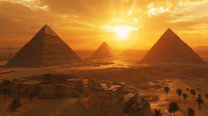 Photorealistic image from a hotel rooftop panoramic view of the Giza pyramids under the golden hour light - obrazy, fototapety, plakaty