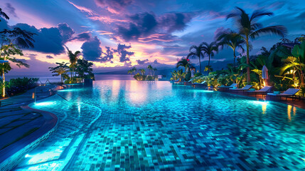 Luxurious resort swimming pool illuminated by underwater lights at twilight surrounded by lush tropical plants and elegant loungers