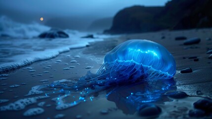 Bioluminescent jellyfish washing ashore, ethereal and ghostly, on a quiet, moonlit beach , cinematic