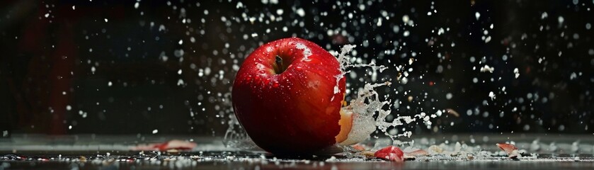Bullet passing through an apple, showing the precise moment of impact, dynamic and intense, with fragments flying