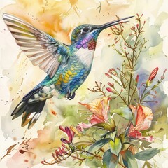 Detailed watercolor of a hummingbird in flight, vibrant colors and delicate features, precise and lifelike in a natural floral setting