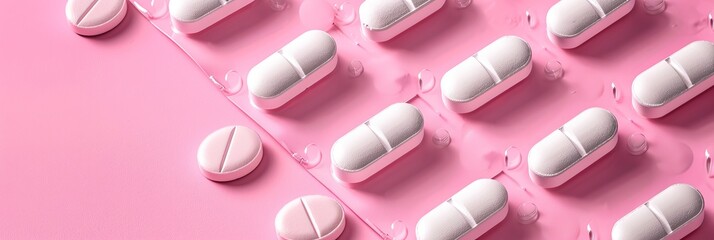 pink-white antibiotic capsule pills and pill blister pack on pink background.  - obrazy, fototapety, plakaty