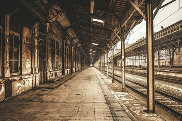 Dilapidated train station, sepiatoned vintage, melancholic and timeless, standing still in a bustling modern city , Travel Photography - obrazy, fototapety, plakaty