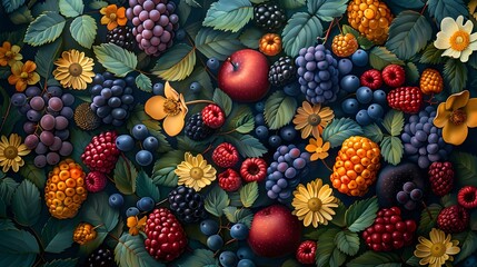 A seamless vector pattern featuring ripe berries like strawberries, raspberries, and blueberries, intermixed with fresh leaves, illustrating a vibrant, healthy summer theme - obrazy, fototapety, plakaty